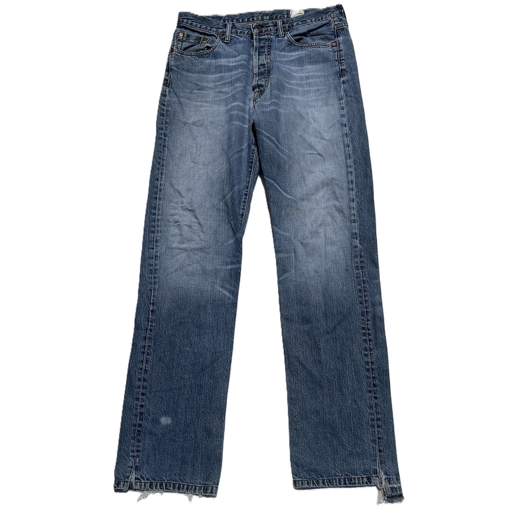 Guess Men's Straight Leg Jeans Y2K Size 34W x 34L Blue Cotton Distressed Button